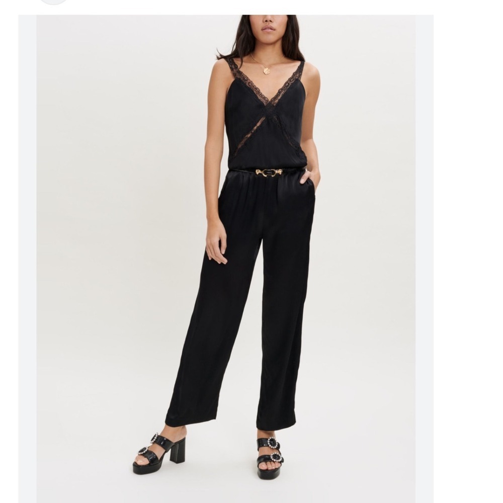 Maje Black Lace Trim Wide Leg Jumpsuit Spaghetti Strap Elastic Waist